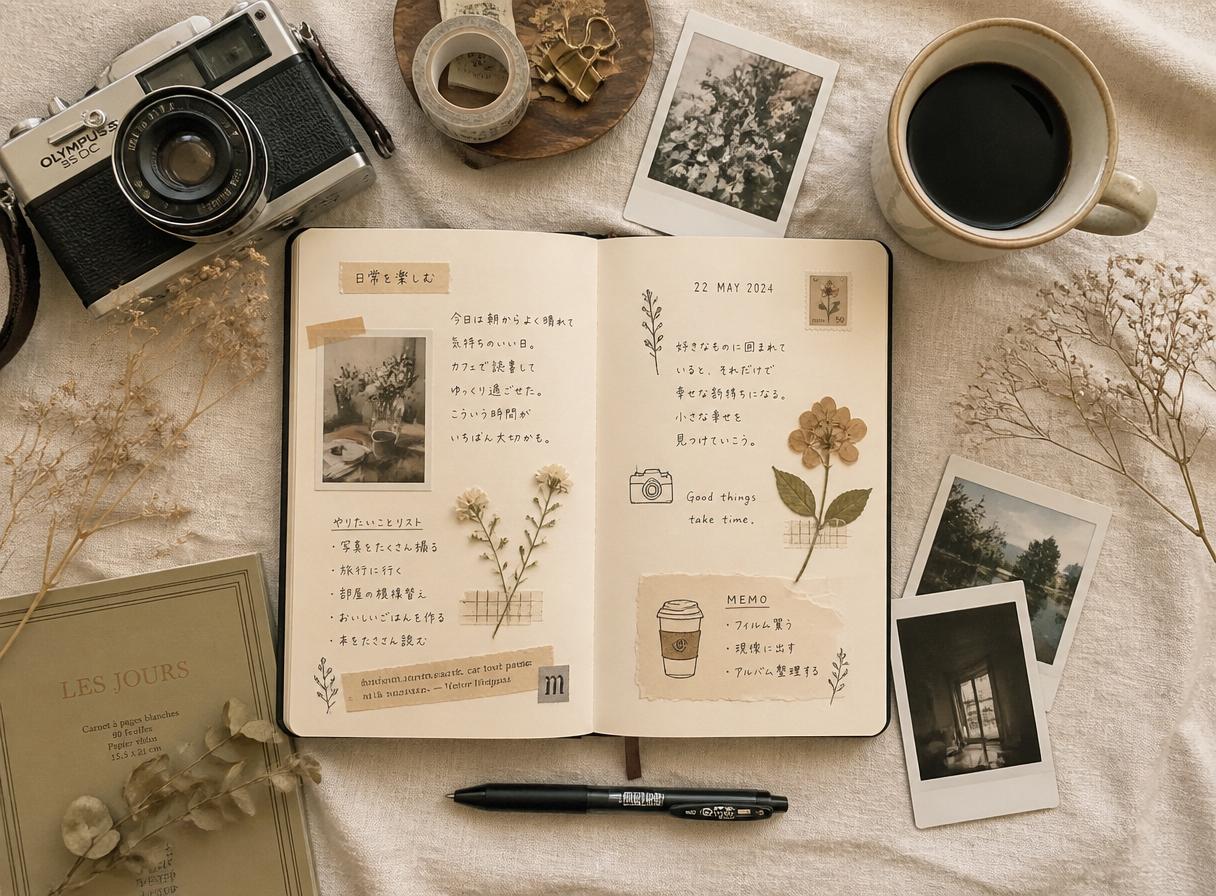 An open journal with washi tape, polaroids, dried flowers and a film camera