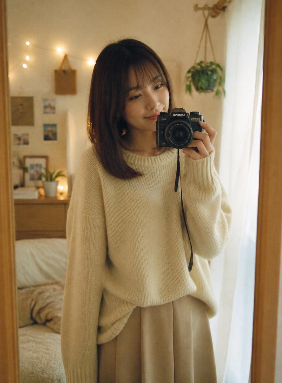Mina mirror selfie holding a film camera